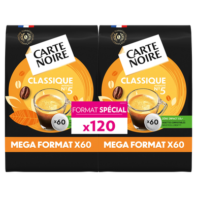 Café dosettes CARTE NOIRE Classique n°5 - Compatible SENSEO - x120 - Super  U, Hyper U, U Express 