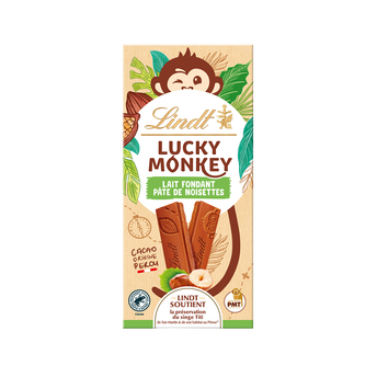 Image de Lucky monkey lait fondant pâte de noisette LINDT, tablette
