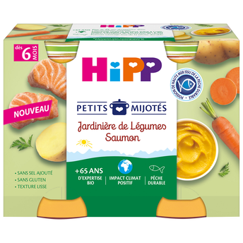 Image de Petits mijotés jardinière de légumes saumon dés 6 mois HIPP BIOLOGIQUEpots