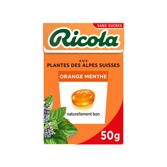 Image de Bonbons pastilles orange-menthe sans sucres RICOLA, boîte de