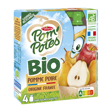 Materne Pom'potes Bio Pomme Et Poire Sans Sucres Ajoutés Materne, 4x90g
