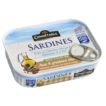 Connetable Sardines Pêche Responsable À L'huile D'olive Vierge Extra Bio Et Aux 4graines Bio De Bretagne Connetable 135g