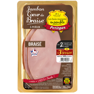 Petitgas Jambon Coeur De Braise Vpf 2x2tranches Épaisses+1 Paquet Offert Petitgas 600g