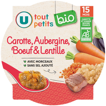 Image de U TOUT PETITS BIO
Plat bébé assiette de carotte lentille aubergine boeuf