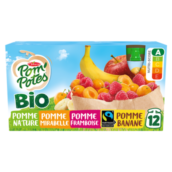 Image de Compotes Gourdes BIO Pomme, Pomme Mirabelle, Pomme Framboise, Pomme Banane POM'POTES