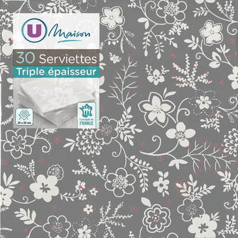 Image de U MAISON
Serviette 3 plis 33x33cm fleurs gris