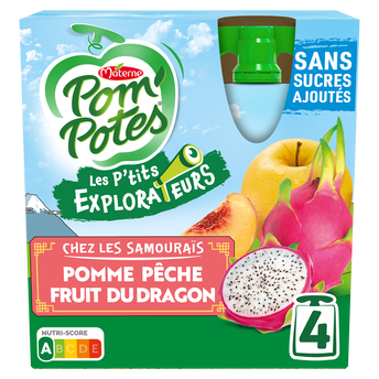 Image de Compotes Gourdes Les P'tits Explorateurs Les Samourais Pomme Pêche Fruit du Dragon POM'POTES