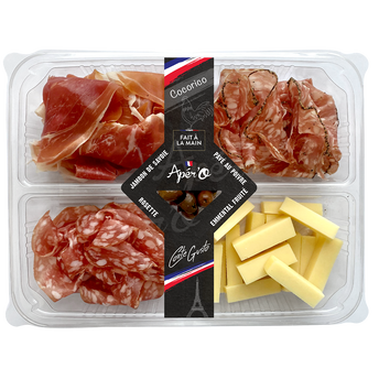 Image de Apériv'O Cocorico (Emmental français, pavé au poivre, jambon de Savoie, rosette, olives)