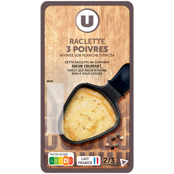 Image de U
Fromage à Raclette au lait pasteurisé aux 3 poivres 27%mg