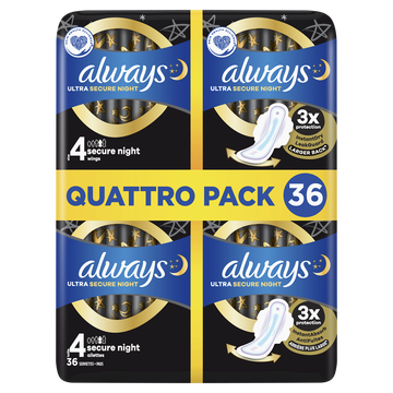 Always Serviettes Hygiéniques Avec Ailettes Taille 4 Secure Night Ultraalways X36