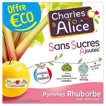 Charles & Alice Dessert Aux Fruits Pomme Rhubarbe Sans Sucres Ajoutés Charles & Alice- 4 Pots De 97g