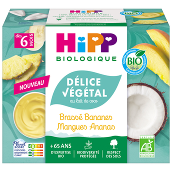 Image de Délice végétal au lait de coco brassé bananes mangues ananas dés 6 mois bio HIPP BIOLOGIQUE coupelles