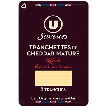 Image de U SAVEURS
Cheddar mature affiné 6 mois minimum 34%MG - 8 tranches