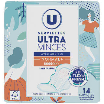 Image de U
Serviettes hygiéniques ultra mince normal plus avec ailettes