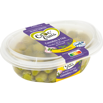 Image de Olives vertes cassées à l'ail, CROC'FRAIS, sans conservateur, barquette