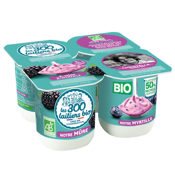 Les 300 & Bio Yaourts Brassés Bio Pack Panaché Mûre, Myrtille Les 300 Laitiers Bio -4 Pots De 125g