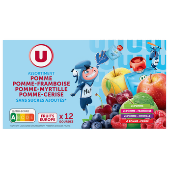 Image de U
Dessert fruitier sans sucres ajoutés purée pomme nature, pomme-framboise, pommme-myrtille, pomme-cerise U