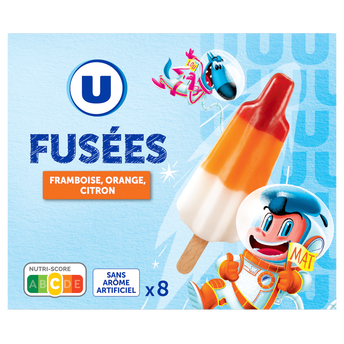 Image de U
Bâtonnets glacés fusée framboise orange citron, x8