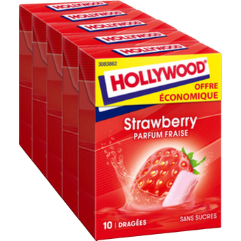Image de HOLLYWOOD fraise s/sucres, pack 5x10 dragées, 70g offre