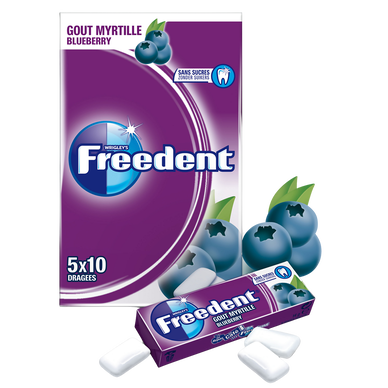 Chewing gum sans sucre myrtille FREEDENT, 5x10 dragées 70g - Super