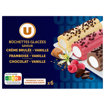 Image de U
Bûchettes glacées vanille-chocolat, vanille-framboise et vanille crèmebrûlée, 6 pièces