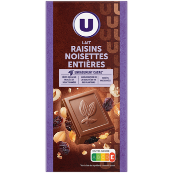 Image de U
Chocolat au lait extra raisins et noisettes Tablette de