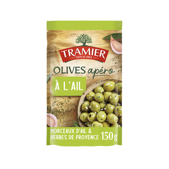 Image de Olives vertes dénoyautées apéro à l'ail TRAMIER, doypack de
