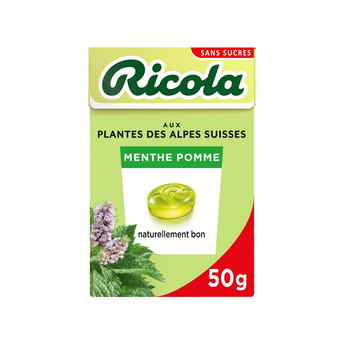 Image de Bonbons pastilles menthe pomme sans sucre avec édulcorants RICOLA, boîte de