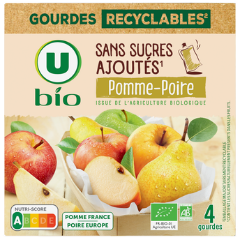 Image de U BIO
Dessert fruitier Purée de pomme et poire sans sucre ajouté 4 coupellesde 90g