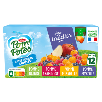 Image de Compotes Gourdes Pomme, Pomme Framboise, Pomme Mirabelle, Pomme Myrtille Les Inédits POM'POTES