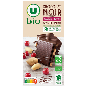 Image de U BIO
Chocolat noir cranberries et amandes entières - tablette