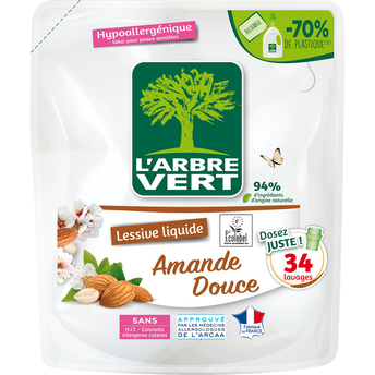 Image de Lessive liquide amande douce hypoallergénique ARBRE VERT - 34 lavages- 1,53L - Recharge 94% d'ingrédients d'origine