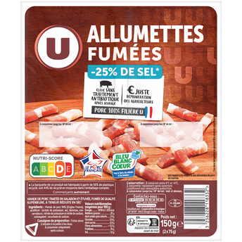 Image de U
Allumettes de porc fumées teneur réduit en sel Bleu Blanc Coeur U 2x75g