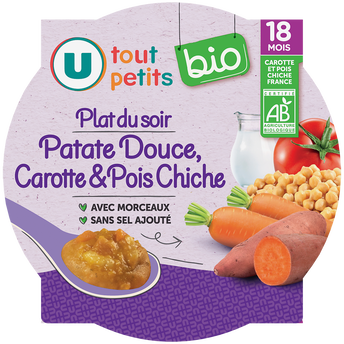 Image de U TOUT PETITS BIO
Plat bébé assiette patate douce, carottes, pois chiches dès 18 mois