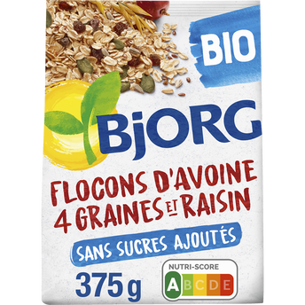Image de Flocons d'avoine 4graines et raisins bio BJORG paquet