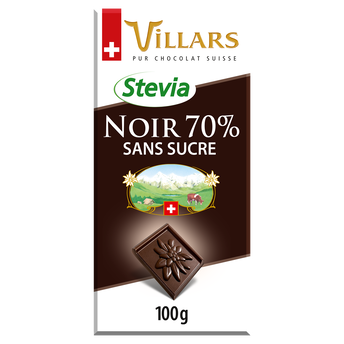 Image de Chocolat noir 70% sans sucre ajouté stévia VILLARS, Tablette de