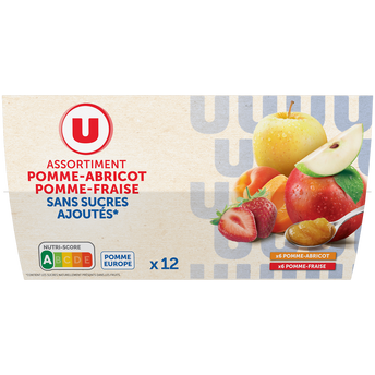 Image de U
Dessert fruitier coupelle 6 pommes-abricots, 6 pommes-fraises sans sucre ajouté