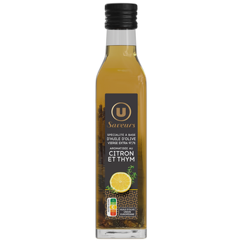 Image de U SAVEURS
Spécialité à base d'huile d'olive vierge extra 97,7% aromatisée au Citron et au Thym Bouteille