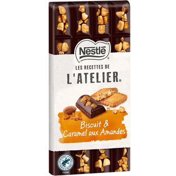 Image de Chocolat noir extra fin biscuit et caramel aux amandes LES RECETTES DEL'ATELIER, tablette de