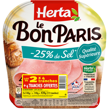Herta Jambon Le Bon Paris -25% De Sel Herta, X2 +1 Offert Soit 420g