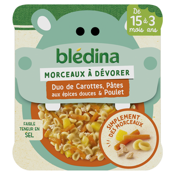 Image de Plat bébé carottes pâtes aux épices douces poulet dès 15 mois BLEDINERBLEDINA