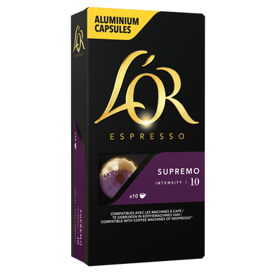 Café capsules L'OR ESPRESSO Supremo intensité 10 - Compatible NESPRESSO -  x10 - Super U, Hyper U, U Express 