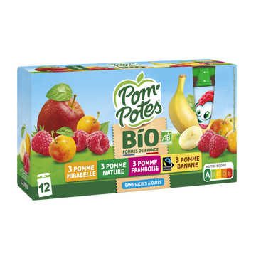 Materne Pom'potes Bio Multivariétés Pomme Nature,pomme/framboise 12x90g