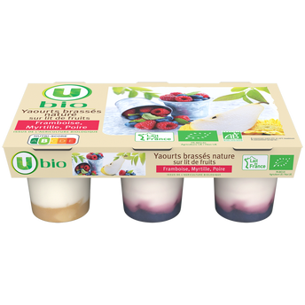 Image de U BIO
Yaourts brassés nature sur lit de fruit aromatisé (Framboise, Myrtille,Poire)