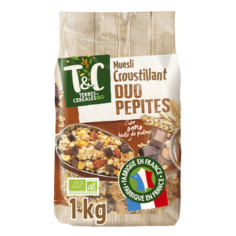 Image de Muesli croustillant duo pépites chocolat au lait et noir bio, TERRES&CEREALES, sachet