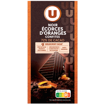 Image de U
Chocolat noir 72% de cacao aux écorces d'orange - tablette