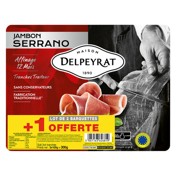 Delpeyrat Jambon Serrano 12 Mois Delpeyrat, 2x4 Tranches + 1 Offert Soit 300g