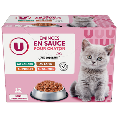Sachets fraicheur pour chaton Emincé en sauce viandes et poissons 12x85g -  Super U, Hyper U, U Express 