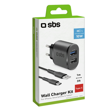 Chargeur secteur SBS 2 usb 1a et 2,1a+cable type c - - Super U, Hyper U, U  Express 