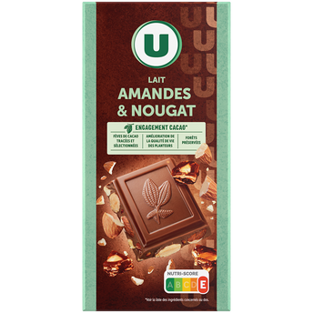 Image de U
Chocolat au lait amandes et éclats de nougat au miel, - tablette